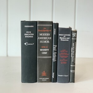 May include: A collection of five vintage books with dark covers. Titles include "Five Smooth Stones," "An Encyclopedia of Modern American Humor," and "Great Stories of Mystery and Suspense." The books are arranged vertically.