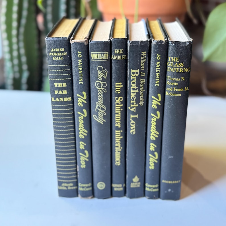 May include: A collection of vintage hardcover books with black covers and gold lettering. Titles include "The Far Lands," "The Trouble in Thor," "The Second Lady," and "Brotherly Love." The books are arranged vertically.