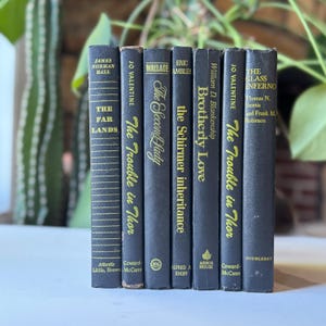May include: A collection of vintage books with dark covers and gold lettering. Titles include "The Far Lands," "The Trouble in Thor," "The Second Lady," "Brotherly Love," and "The Glass Inferno." The books are arranged vertically.