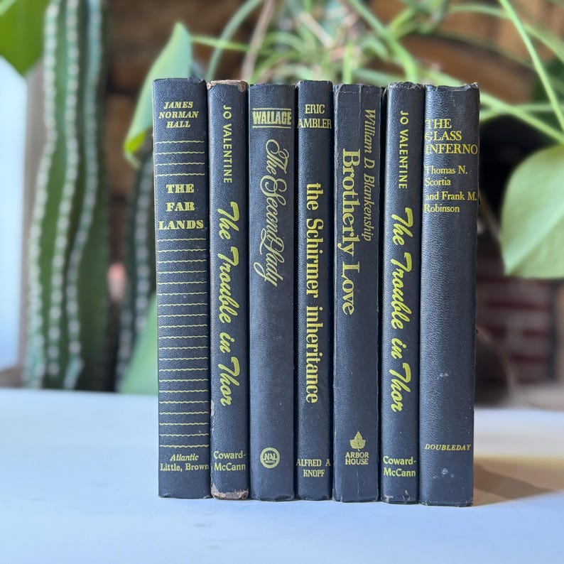 May include: A collection of vintage books with dark covers and gold lettering. Titles include "The Far Lands," "The Trouble in Thor," "The Second Lady," "Brotherly Love," and "The Glass Inferno." The books are arranged vertically.
