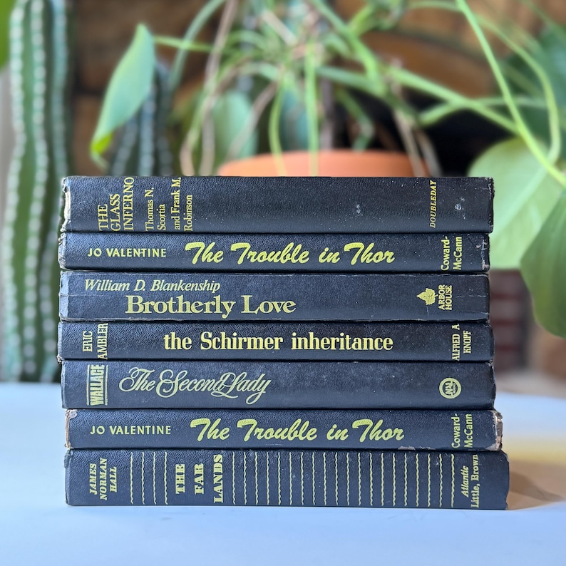 May include: A stack of vintage hardcover books with black covers and gold lettering. Titles include "The Glass Inferno," "The Trouble in Thor," and "Brotherly Love." The books are arranged vertically, showcasing their spines.
