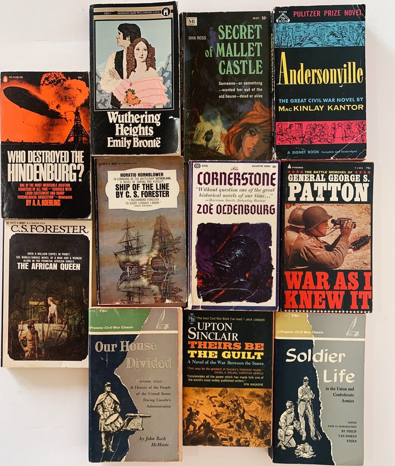 May include: A collection of ten vintage paperback books with various titles and authors. The books are arranged in two rows of five. The books are all in good condition and have colorful covers.