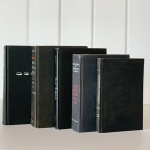 May include: A collection of hardcover books in varying shades of black and dark blue. The spines display titles and author names in white and red. One book features a minimalist design of two white ovals. The books are arranged on a white surface.
