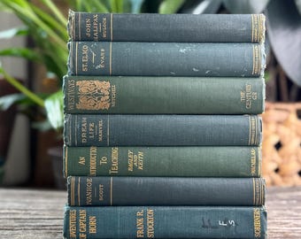 Libros clásicos de literatura verde antiguo para la decoración de estanterías de estilo Dark Academia.