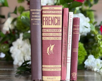 Set di libri in lingua francese vintage in rosso bordeaux e rosso decorativo per lo stile degli scaffali
