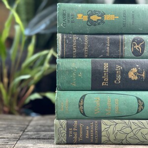 Puede incluir: Una pila de seis libros antiguos con cubiertas verdes y negras. Los t&iacute;tulos incluyen "Classics of the Bar", "Bulfinch's Mythology" y "World Masterpieces". Los libros est&aacute;n dispuestos sobre una superficie de madera, con una planta verde borrosa en el fondo.
