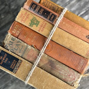 Könnte beinhalten: Ein Stapel alter Bücher, die mit Bindfaden zusammengebunden sind. Die Bücher haben gealterte Einbände in Orange-, Braun- und Beigetönen. Zu den sichtbaren Titeln gehören "The Foolish Virgin" und "Cass Timber Lane."