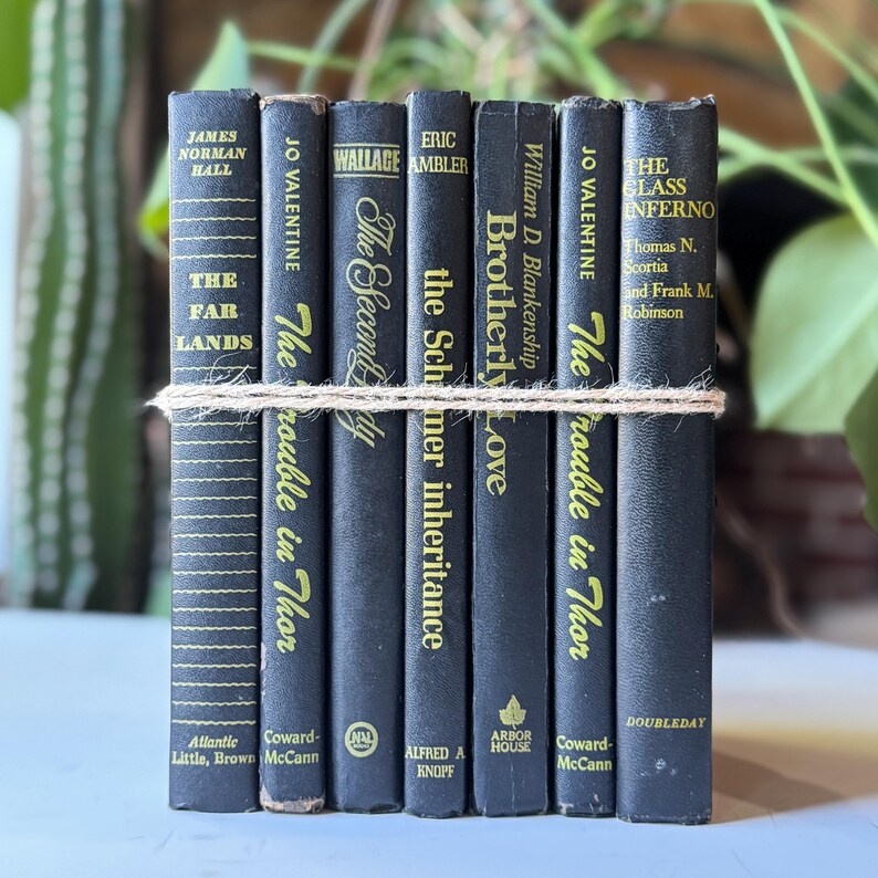 May include: A collection of seven vintage books bound together with twine. The books have dark covers with gold lettering, featuring titles like "The Far Lands" and "The Trouble in Thor". The spines are visible, showcasing the authors and publishers.