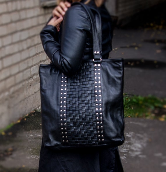 black leather work tote