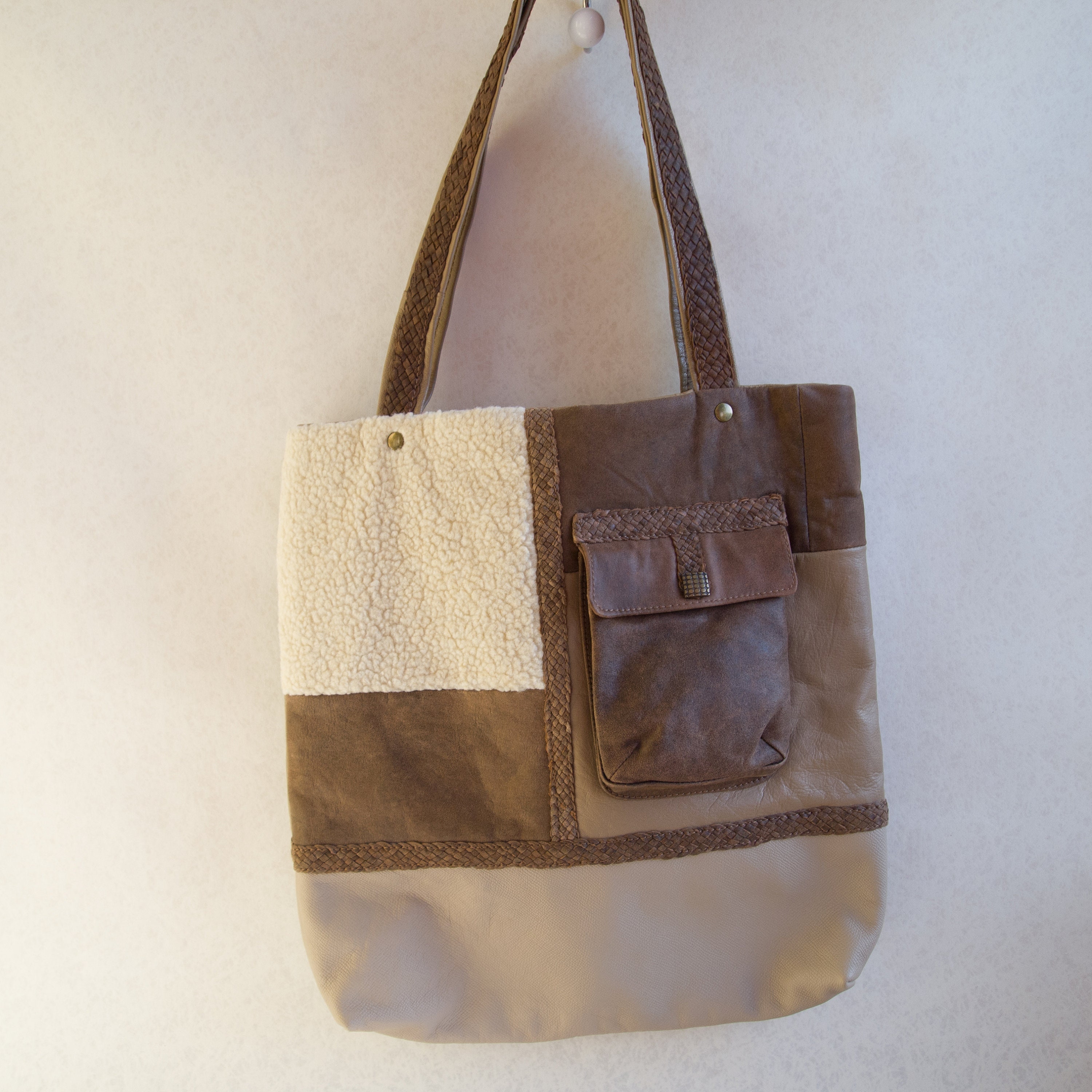 Brown leather tote bag Faux Sherpa patchwork | Etsy