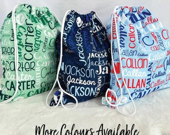 Australian Made Kids Drawstring Backpack Personalised With Name and Custom Colour