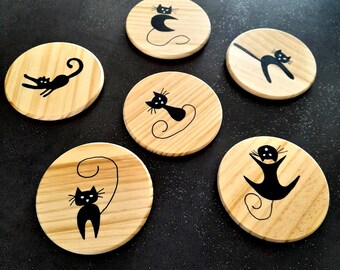 Coasters, wooden coasters, cats, kittens. French artisanal creation.