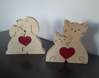 Heart, elephant, 3D wooden puzzles, French artisanal creations.