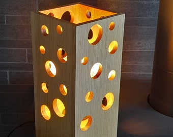 Original wooden lamp, solid oak, cut with a scroll saw. French artisanal manufacture.