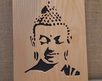 Buddha, Zen wooden painting, portrait, cut with a scroll saw.