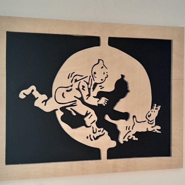 Tintin, Milou, Tableau en bois découpe à la scie à chantourner. Création artisanale française.