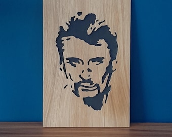 Johnny Hallyday, wooden painting, portrait, cut with a scroll saw.