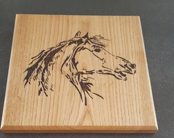 Horse, wooden trivet, pyrography design. Handmade creation.