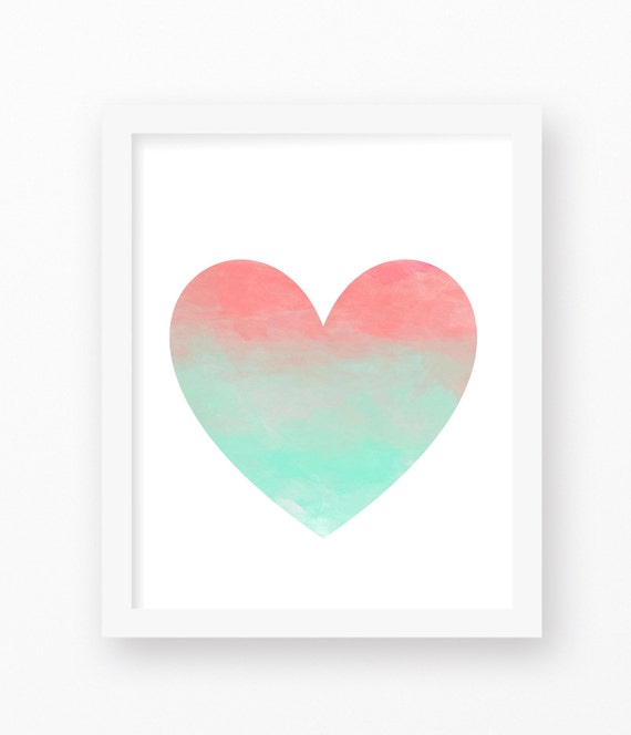 Mint Green Decor Watercolor Heart Coral Mint Decor Coral Etsy