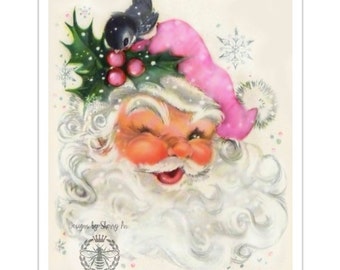 Santa Pink Print, Pink Christmas Art, Pink Christmas Theme, Vintage Holiday Prints, 8x0 Print, Pink Holiday Wall Art, Retro Pink Christmas