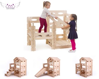 Build & Play Montessori wooden playhouse set for kids, kids playroom, eco friendly building block, wooden toy for toddlers, natural modern