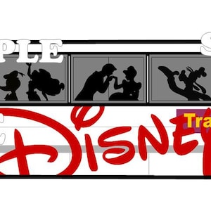 May include: A white Disney bus with black silhouettes of Disney characters in the windows. The word "Disney" is in red script on the side, with "Transport" in yellow and purple. The bus has black wheels and a white body.