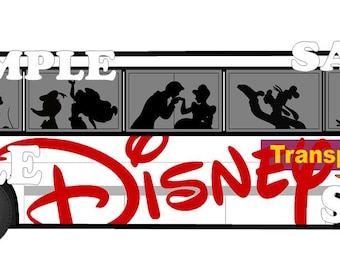 May include: A white Disney bus featuring black silhouettes of Disney characters in the windows. The word "Disney" is in red script on the side, with "Transport" in yellow and purple. The bus has black wheels and a white body.