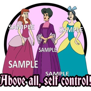 May include: Three cartoon women in dresses stand in front of a pink circle with the text "Above all, self control!"  The woman on the left wears a pink dress with a white collar. The woman in the middle wears a purple dress with a white collar. The woman on the right wears a blue dress with a yellow skirt and a white collar.