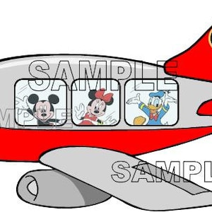 May include: A red and gray airplane with Mickey Mouse, Minnie Mouse, Donald Duck, and Goofy in the windows. The tail of the plane has a black Mickey Mouse head with the words "Disney Bound" in a yellow circle.