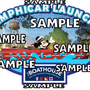 May include: A red and white Amphicar car with Mickey Mouse driving, surrounded by blue water splashes. The car is driving through a scene with a water tower and trees. The text "SAMPLE" appears multiple times around the image. The text "THE BOATHOUSE" appears in a blue oval with the text "GREAT FOOD - WATERFRONT DINING - DREAM BOATS" underneath.