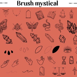 Peut inclure: Un ensemble de 35 illustrations mystiques en noir et blanc, comprenant un soleil, une lune, un papillon, des cristaux, des serpents, des mains, un sablier, une bouteille, une balance et une clé. Les illustrations sont sur un fond brun clair.