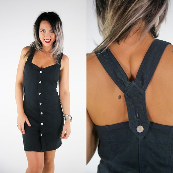 black denim dress overalls