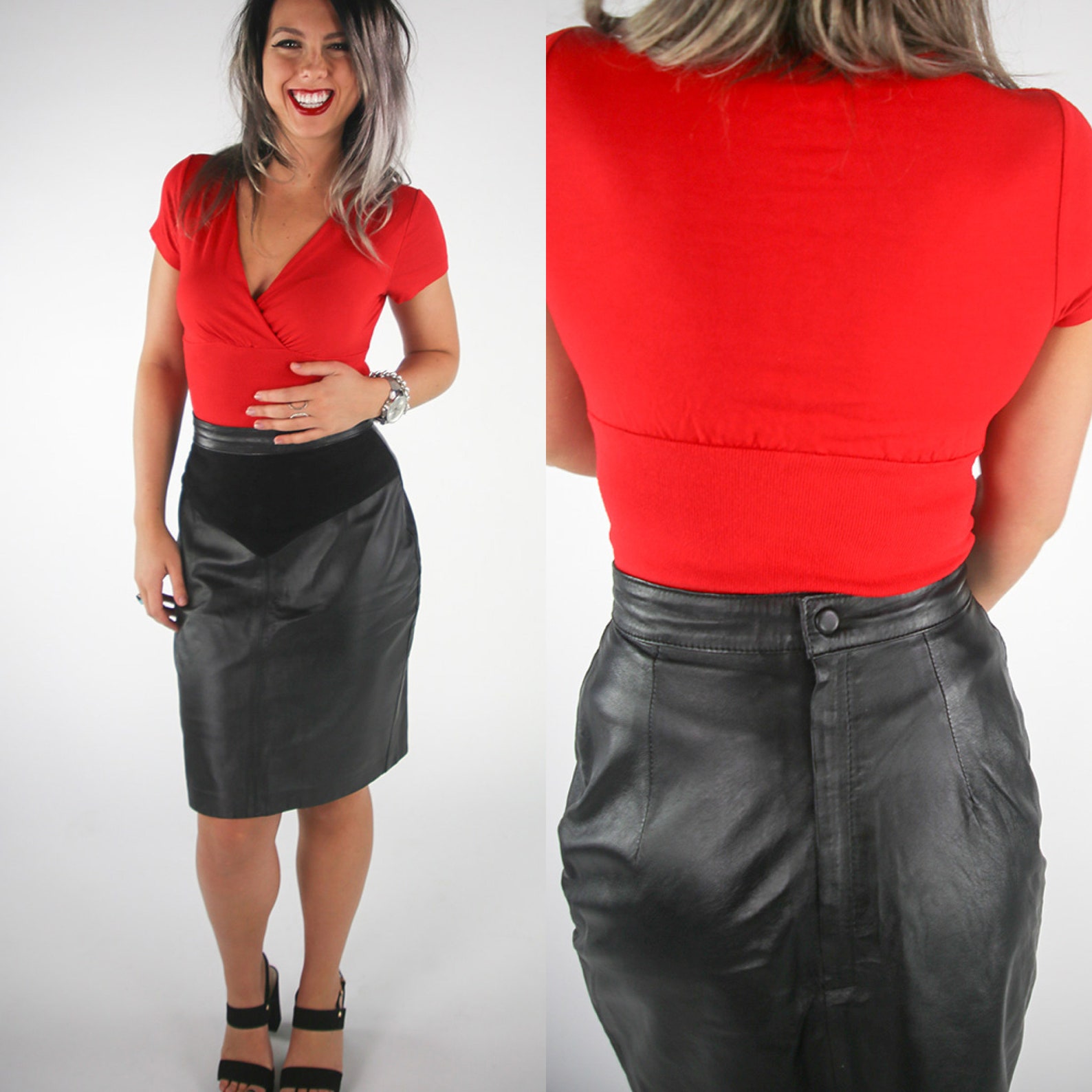Vintage Black Leather Skirt Black Suede Retro 80s Skirt Etsy