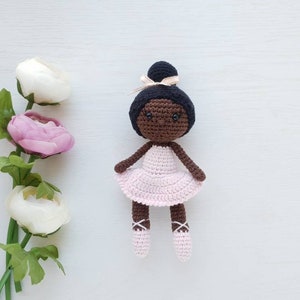 Baby Girl Gift, Crochet black doll, amigurumi knitted doll, rag ballerina doll, handmade doll, best friend gift image 1