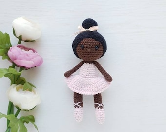 Baby Girl Gift, Crochet black doll, amigurumi knitted doll, rag ballerina doll, handmade doll, best friend gift
