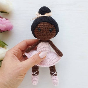 Baby Girl Gift, Crochet black doll, amigurumi knitted doll, rag ballerina doll, handmade doll, best friend gift image 2