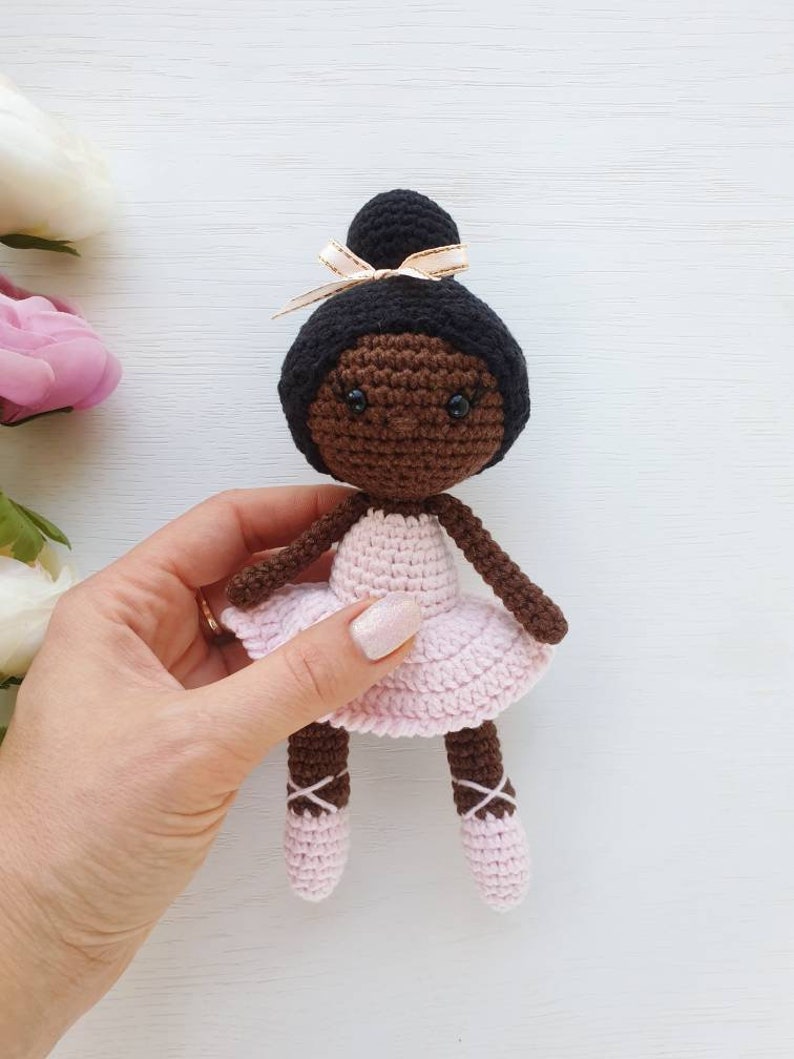 Baby Girl Gift, Crochet black doll, amigurumi knitted doll, rag ballerina doll, handmade doll, best friend gift image 2