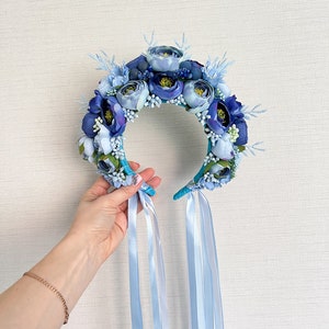 Blaue Pfingstrose Blumenkrone, Blumenkrone Babyparty, Kopfschmuck, Blumenmädchen Stirnband, Feenkrone, Blumenmädchenkrone, Hochzeit Haarschmuck