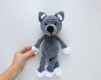 Wolf plush, Stuffed animal wolf, amigurumi knitted wolf, crochet wolf toy, large knitted animal, crochet woodland animals, soft toy large