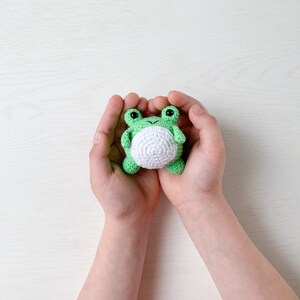 May include: A small green crocheted frog toy with white belly and black eyes, held in the hands of a person.