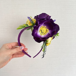Purple flower headband, headpiece,  flower girl head band, bright flower headpiece, Flower girl crown