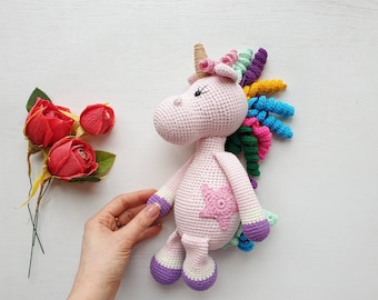 Crochet unicorn toy doll, rainbow plush unicorn, Knitted unicorn, stuffed unicorn birthday, personalized Unicorn , magical soft unicorn