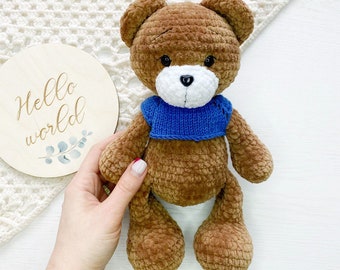 Baby Boy gift, Crochet teddy bear toy, Handmade plush bear, knitted personalised bear, custom plush toy, memory bear, birthday gift