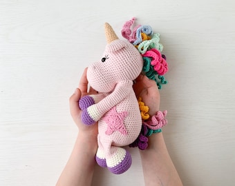 Stuffed crochet unicorn, knitted unicorn toy, pink crochet unicorn doll, magical unicorn, personalized unicorn, unicorn soft toy