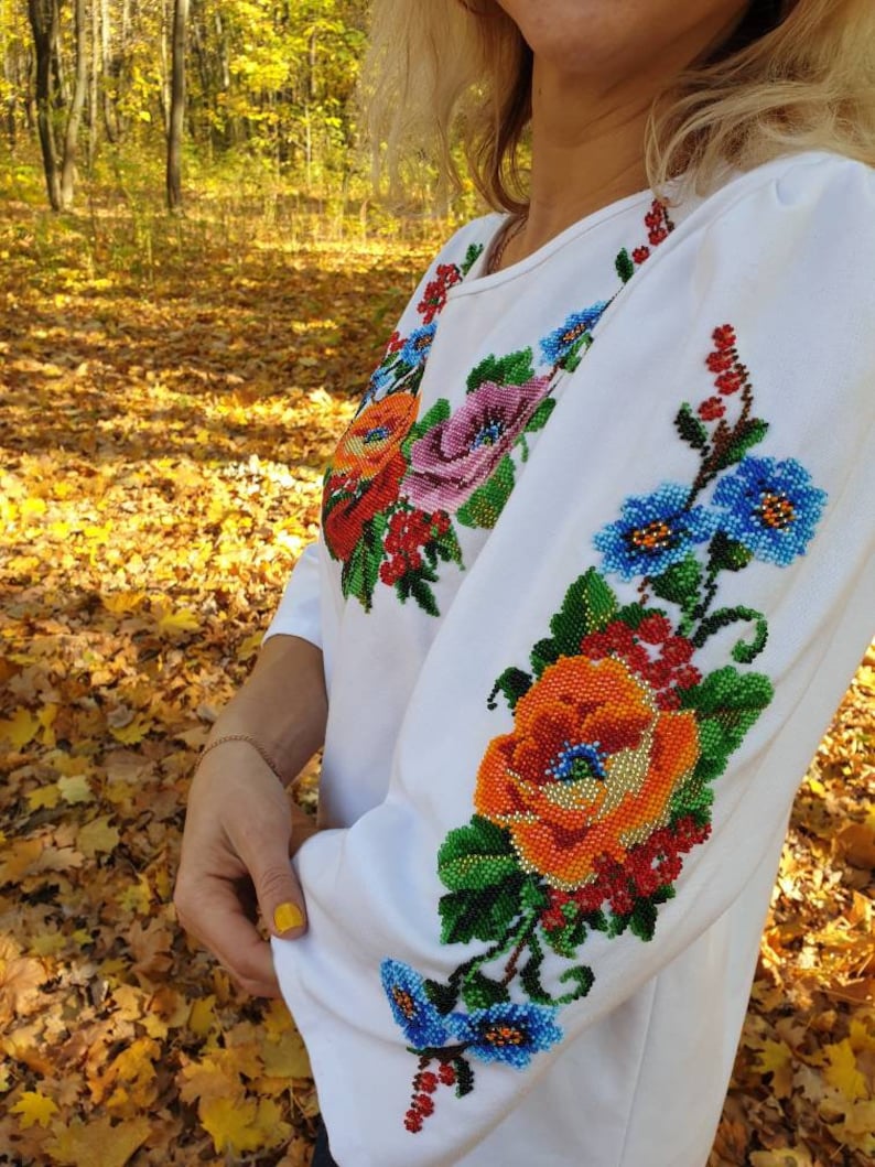 Beads Embroidery Blouse Ukrainian Ukrainian embroidery Vyshyvanka shirt handmade blouse Flower women/'s embroidered blouse