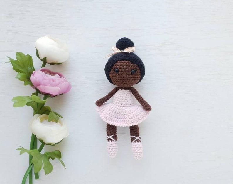 Baby Girl Gift, Crochet black doll, amigurumi knitted doll, rag ballerina doll, handmade doll, best friend gift image 1