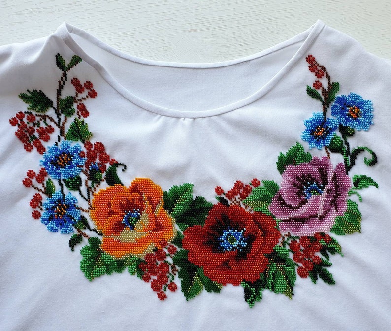 Beads Embroidery Blouse Ukrainian Ukrainian embroidery Vyshyvanka shirt handmade blouse Flower women/'s embroidered blouse