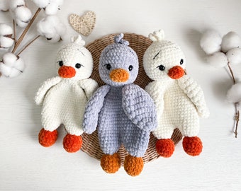 Gehaakte eend Snuggler Lovey: pluche babydekbed, babykamerdecoratie