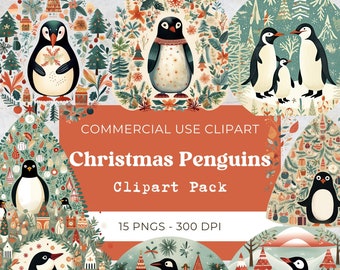 Christmas Penguins Clipart, Cute Penguin Png, Winter Clipart, Winter Animals, Christmas Card, Digital Download, Commercial Use