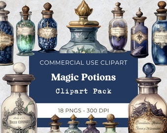 Halloween Potion Bottle Clipart, Magic Potion Png, Apothicaire, vintage Fantasy Witchcraft Witch, Téléchargement numérique, Utilisation commerciale, 18 Png